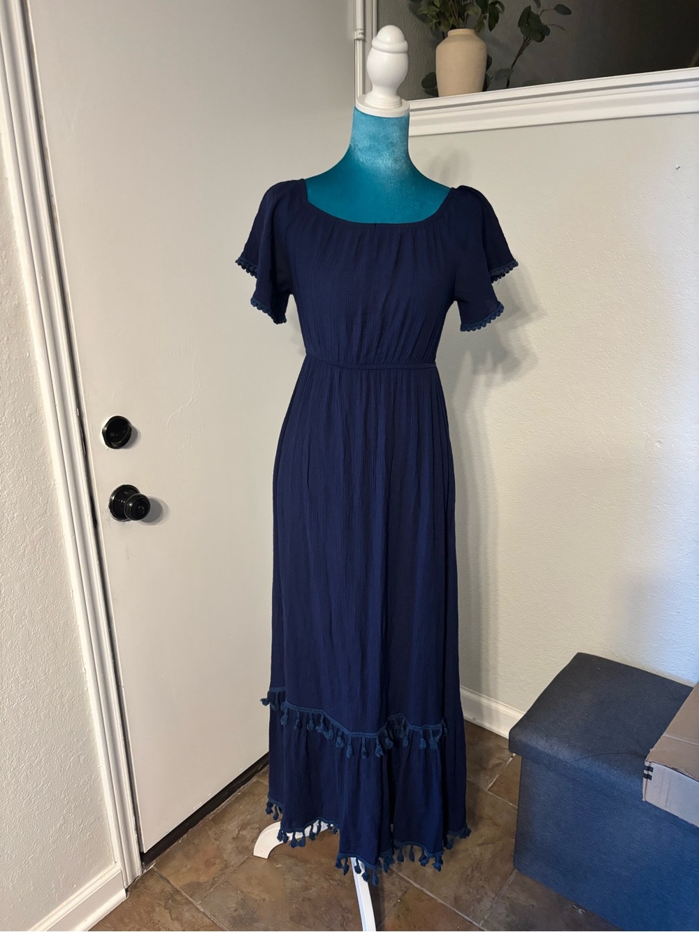 Main Strip Navy Blue Tassel-Hem Maxi Dress with Flutter Sleeves
